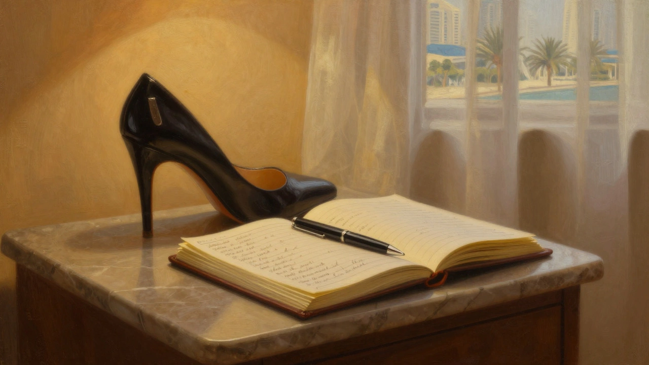 A single high-heeled shoe and an open journal with handwritten notes rest on a marble nightstand beside a window with a view of Palm Jumeirah.