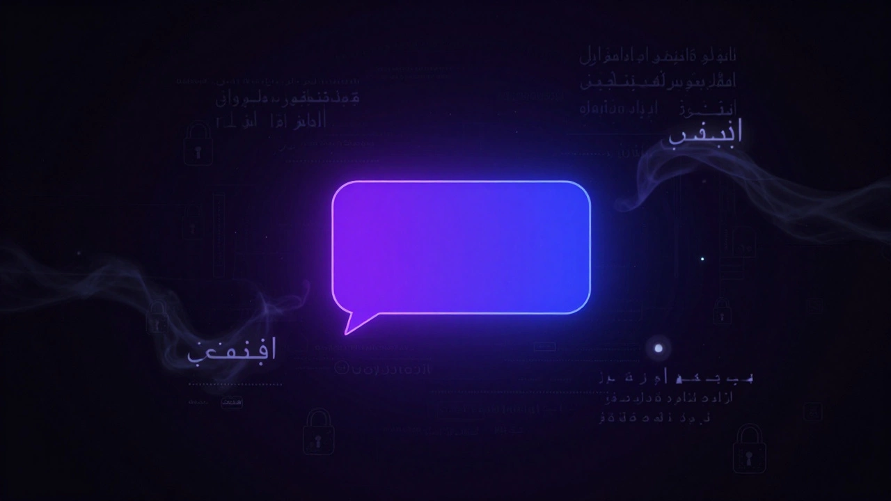 An encrypted messaging interface floats in darkness with dissolving multilingual text fragments, symbolizing digital anonymity.